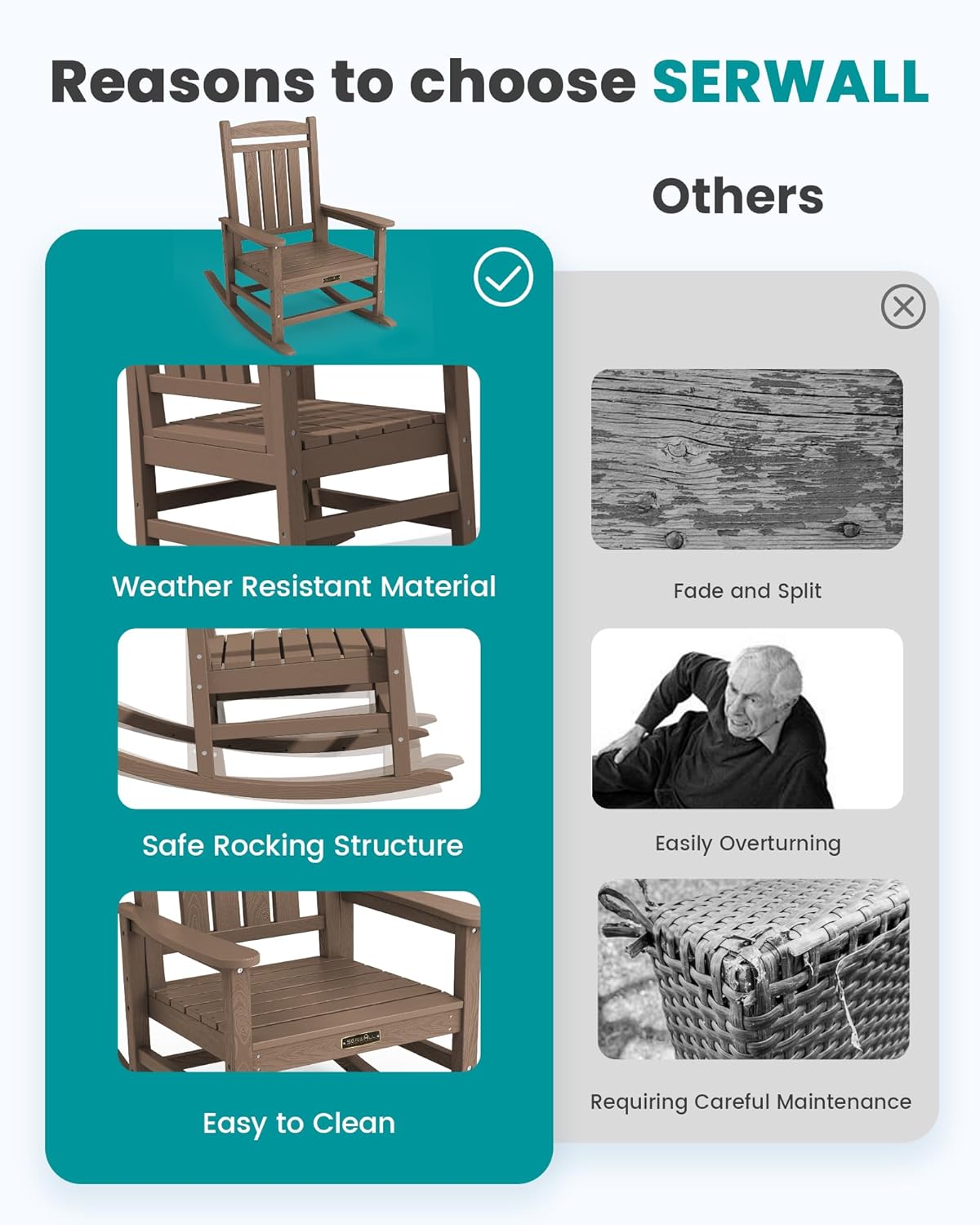 SERWALL Outdoor Rocking Chair Set of 2, HDPE Patio Rocking Chair All-Weather Porch Rocker for Balcony, Yard, Brown