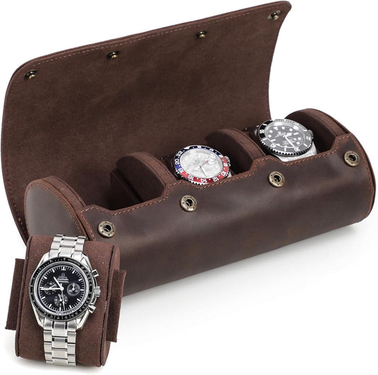 Genuine Leather Watch Roll Travel Case,3 Slots Vintage Full Grain Leather Watch Box with Pillow for Men,Watch Storage Organizer for Home Storage,Anniversary Birthday Christmas Gift