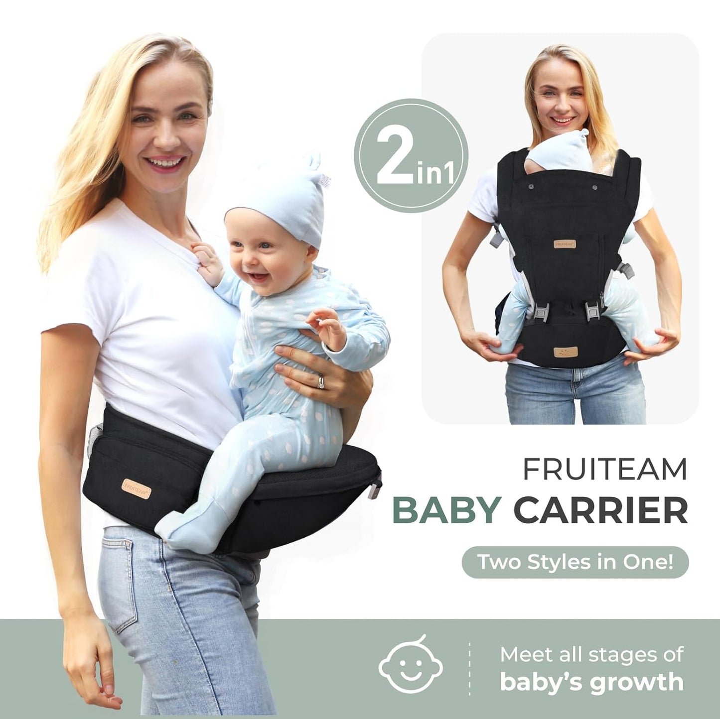 FRUITEAM 6-in-1 Baby Carrier with Hip Seat for Breastfeeding, All Seasons, All Position Adjustable Baby Chest Carrier with Lumbar Support, Adapt to Newborn, Infant & Toddler (Cool Black)