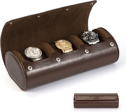 Watch Roll Travel Case: 3 Slot Watch Box Organizer for Men - Watch Storage and Display Case - Watch accessory Fits All Wrist Watches & Smart Watches Up to 50mm (Dark Brown)