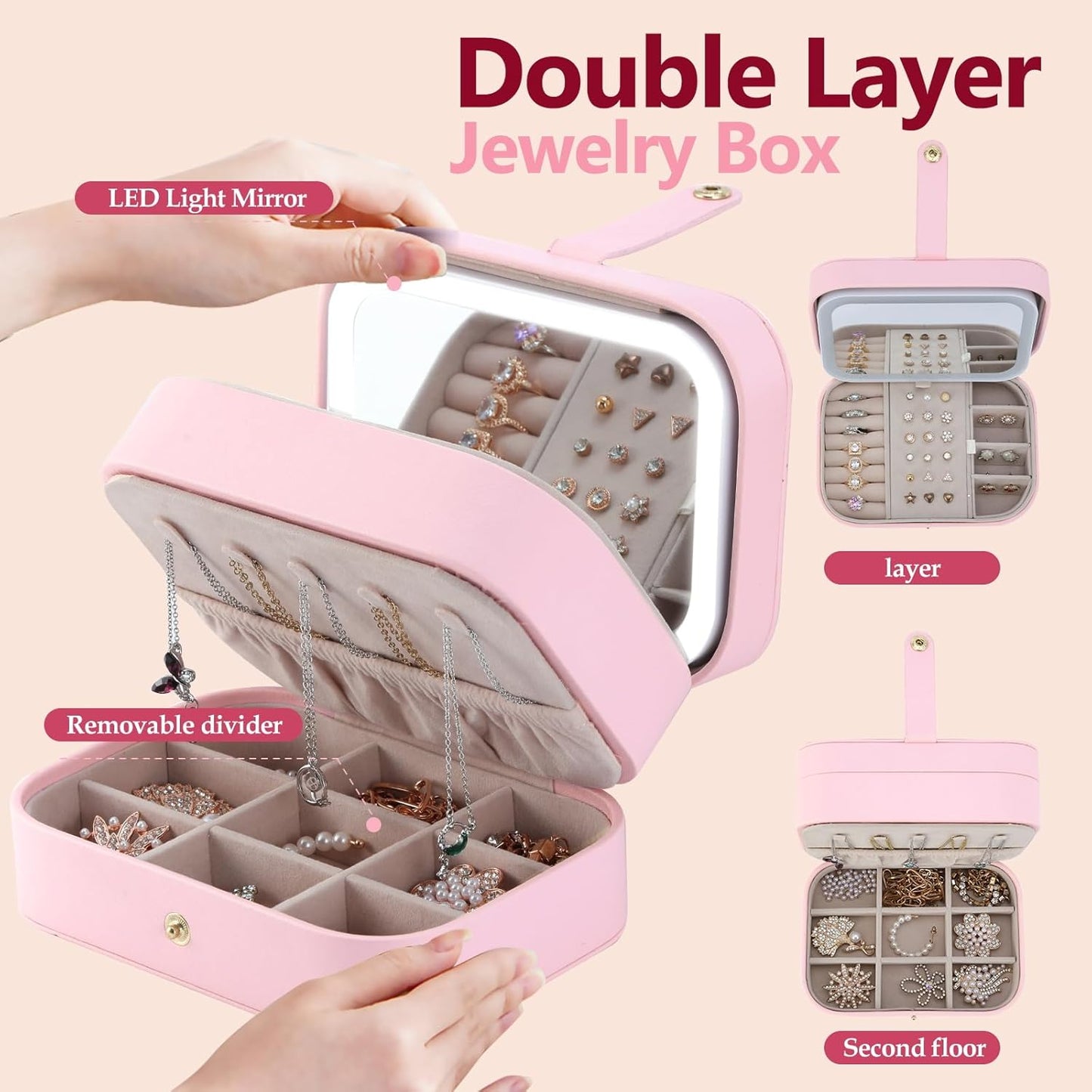 Travel Jewelry Case with LED Lighted Mirror, Personalized Birthday Gifts for Women Girls Kids, 2-Layer Portable Travel Jewelry Organizer, Travel Essentials (Pink)