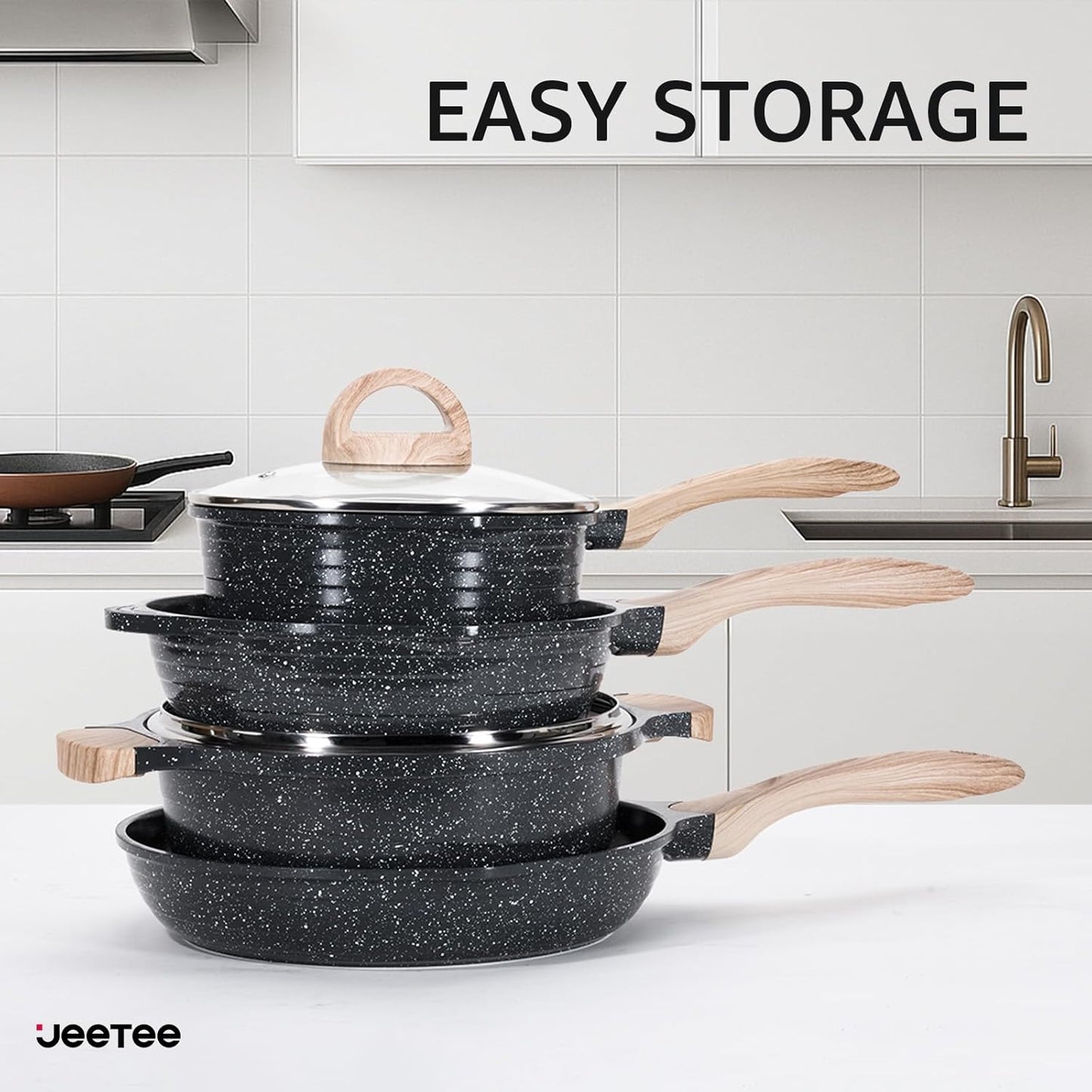 JEETEE 24Pcs Ceramic Cookware Set, Gray Pots and Pans Set Non Stick, Kitchen Healthy Non Toxic Induction Cookware Sets W/Saucepans, Sauté Pan, Griddle, Crepe Pan & Pancake Rake (PFAS,PFOA Free)