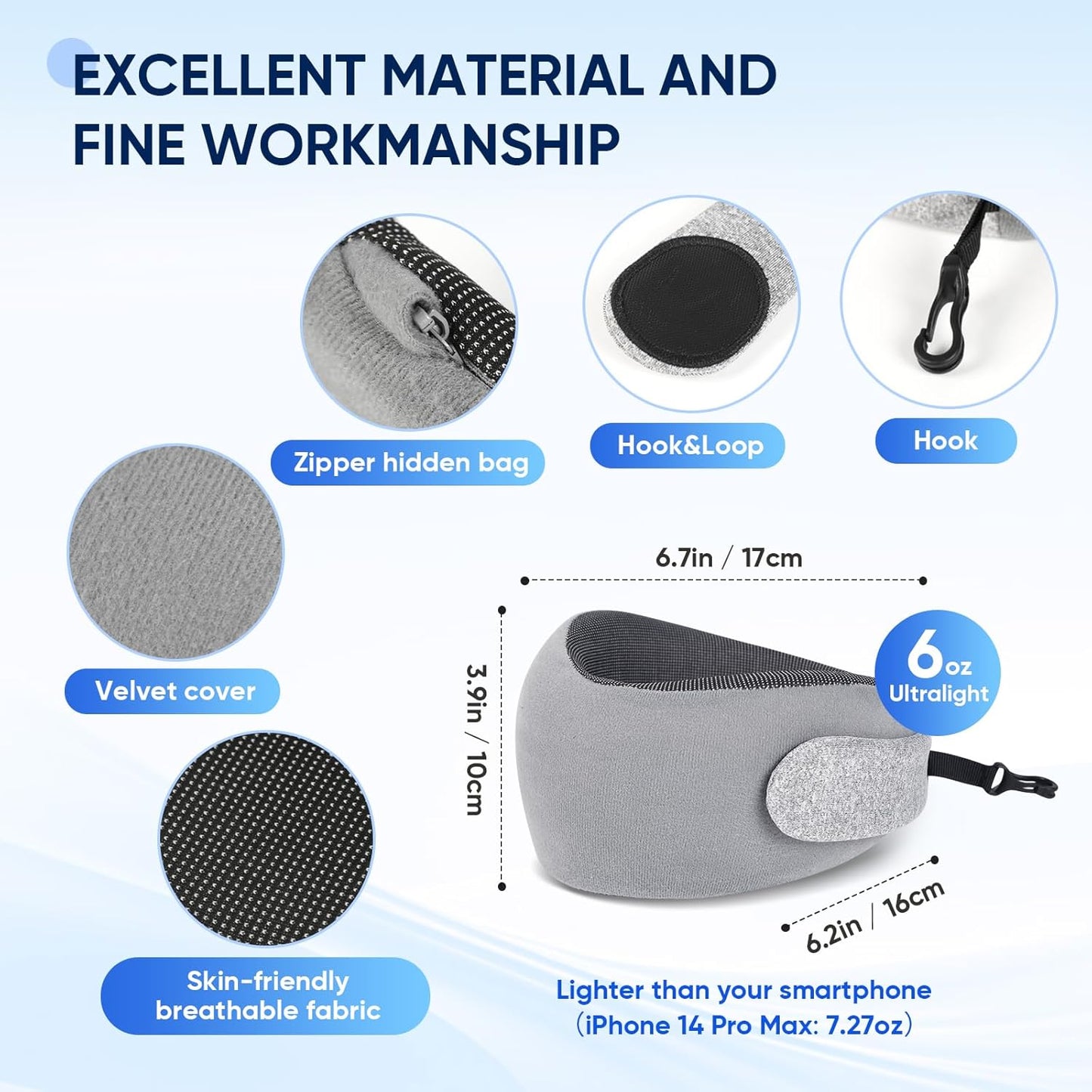 Compact Travel Pillow with Adjustable Straps & Washable Cover, Portable Neck Pillow Airplane with Case & Hook, Chin Support Pillow Relieves Pain & Pressure for Trips, Office, Car & Home Use