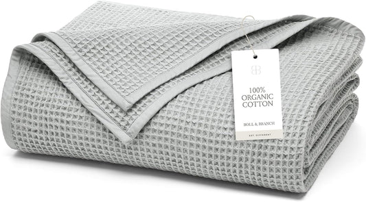 BOLL & BRANCH Waffle Bed Blanket - Twin, Shore - Luxury 100% Organic Cotton - Soft, Lightweight and Breathable - Textured Waffle Weave Design