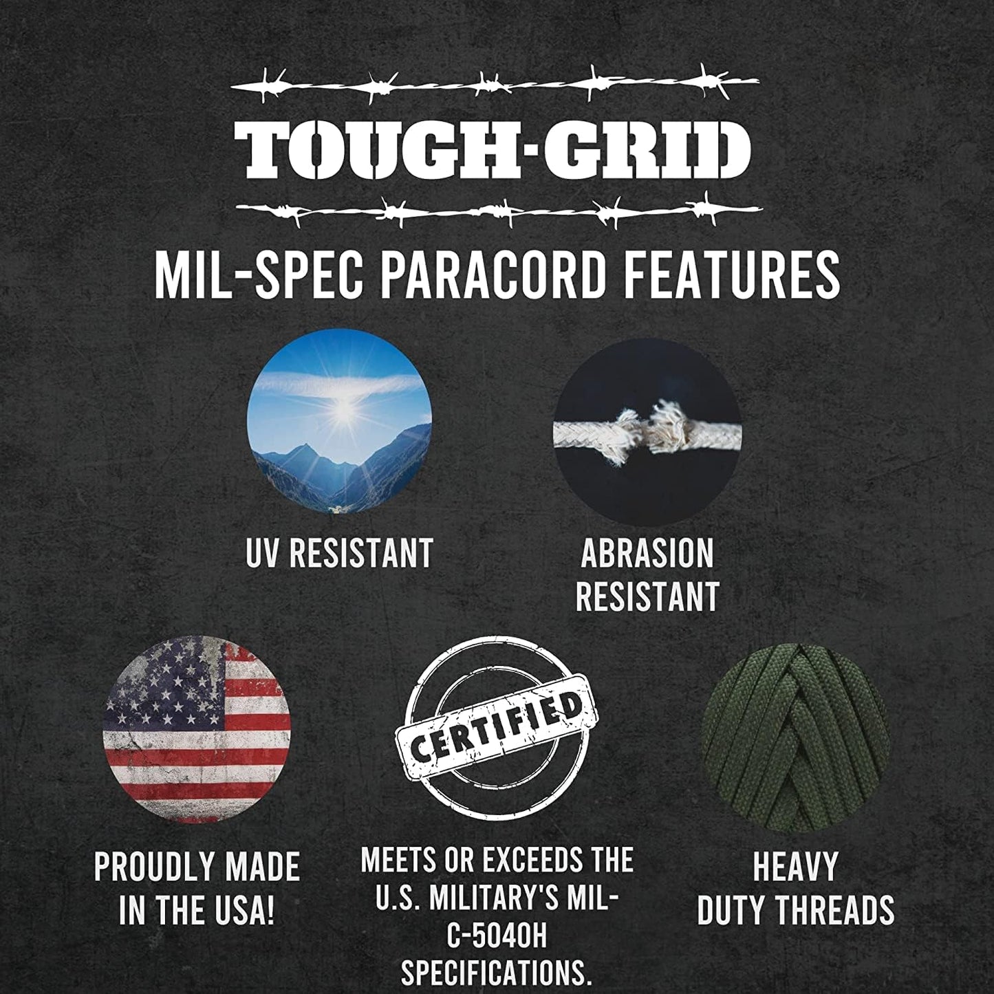 TOUGH-GRID 550 Paracord Rope Nylon Parachute Cord, Made in USA Survival Kit, Outdoor Adventures, Camping, Tactical Gear & Emergency Supplies, Military Type III Mil-Spec