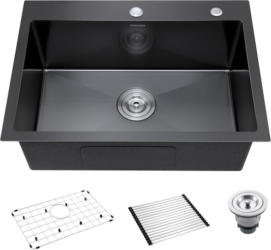 Black Kitchen Sink Drop-In 25 x 18 inch, SINKVINE PVD Nano Stainless Steel Outdoor Sink, Top Mount Large Deep Single Bowl Laundry Basin, w/Drain Strainer, Bottom Grid, Roll-up Drying Unit, Dark Gray
