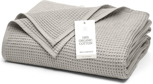 BOLL & BRANCH Waffle Bed Blanket - Full/Queen, Pewter - Luxury 100% Organic Cotton - Soft, Lightweight and Breathable - Textured Waffle Weave Design