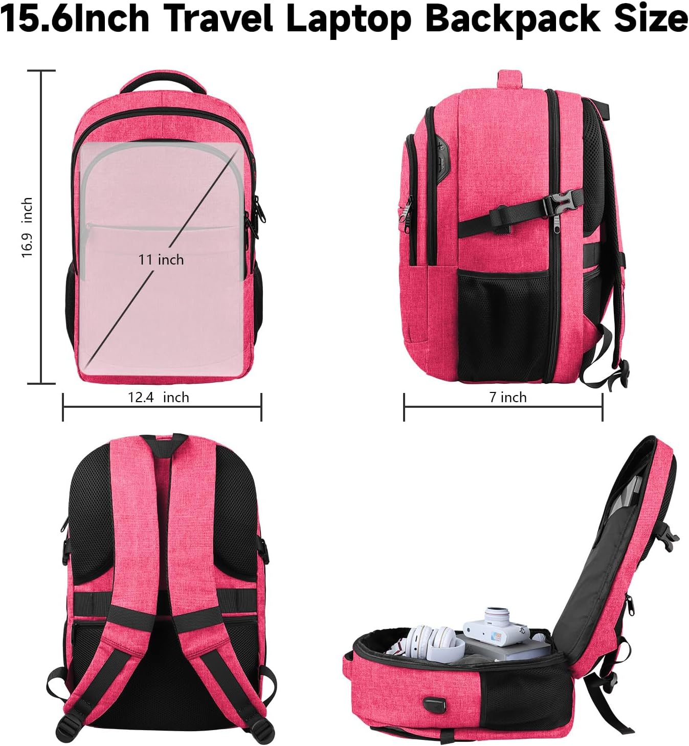 Lapsouno Travel Laptop Backpack, 15.6 Inch Travel Laptop Backpack, Water Resistant Casual Hiking Daypack, Computer Bag with USB Port, College School Business Backpack for Women, Pink