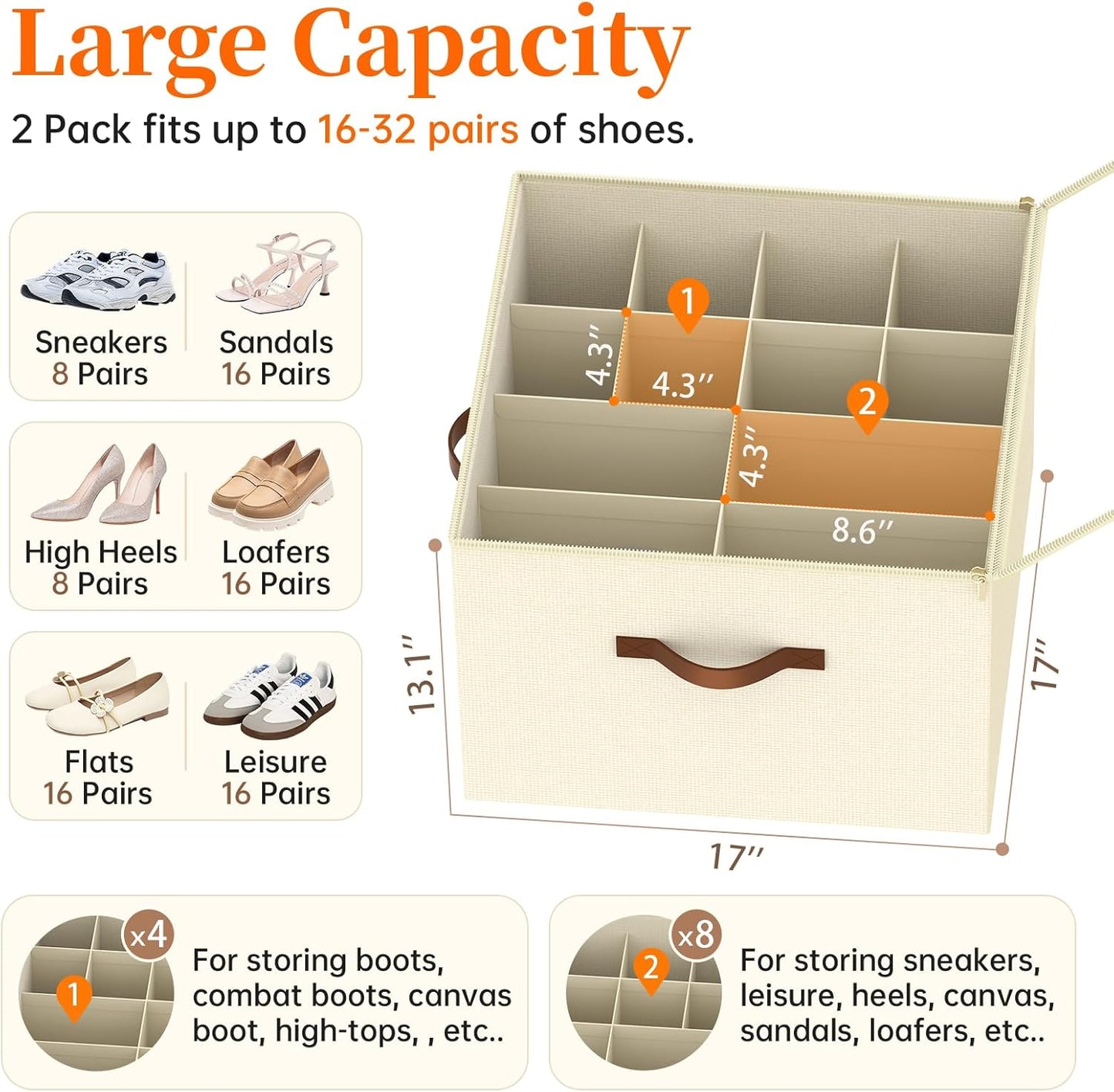 3 Pack Shoe Organizer for Closet, Foldable Shoe Storage Containers, Fits 24-48 Pairs, Shoe Storage Organizer Box Cubby Baskets Bins with Clear Cover and Reinforced Handles, Beige
