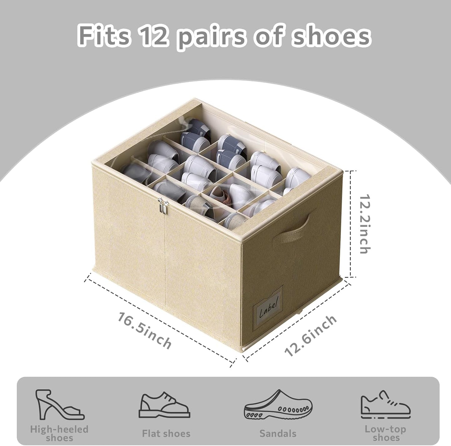 2 Pack Shoe Organizer for Closet - Shoe Storage Bins with Clear Cover, Fabric Shoe Storage Containers with Reinforced Handles, Fits up to 24 Pairs (Beige, 16.5 * 12.6 * 12.2in)