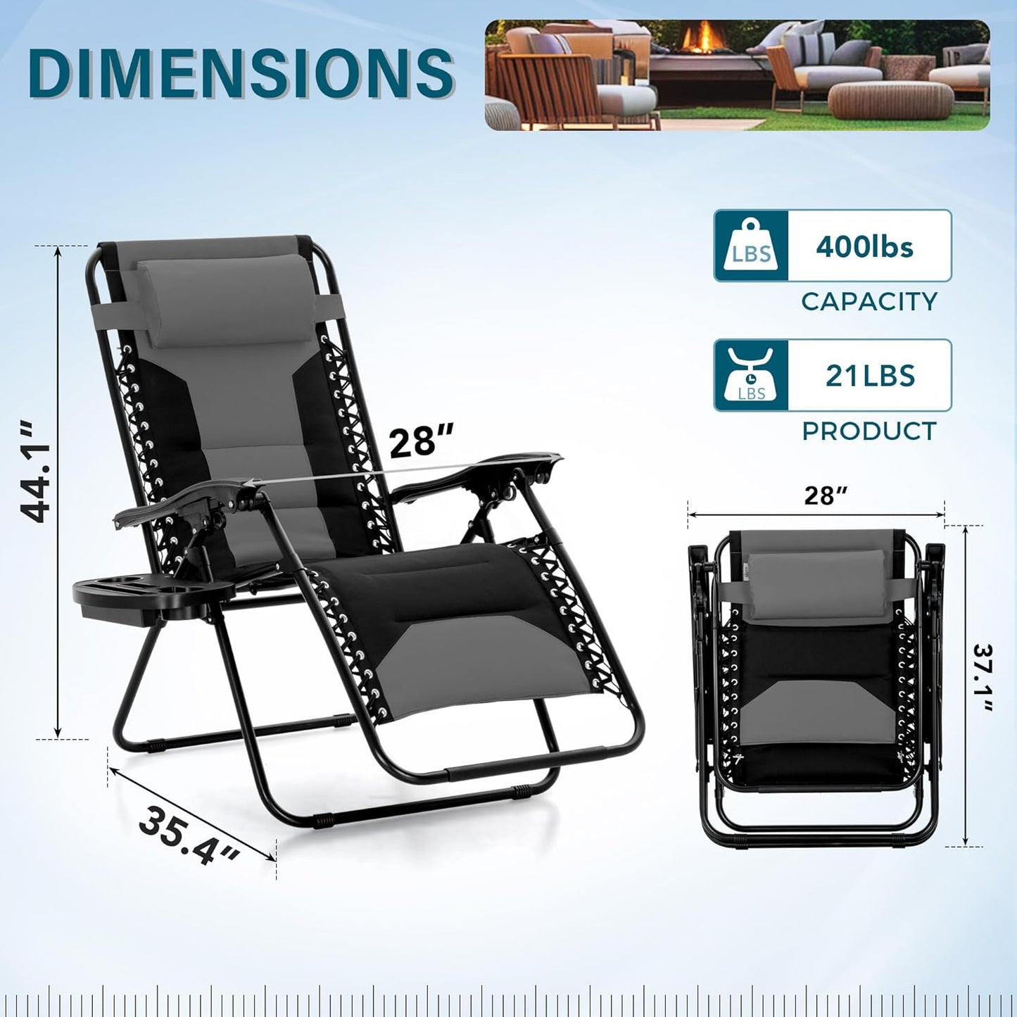 MFSTUDIO Padded Zero Gravity Chair Set of 2, Folding Patio Lounge Recliner with Adjustable Pillows & Cup Holder for Poolside Backyard, Support 400lbs(Grey)