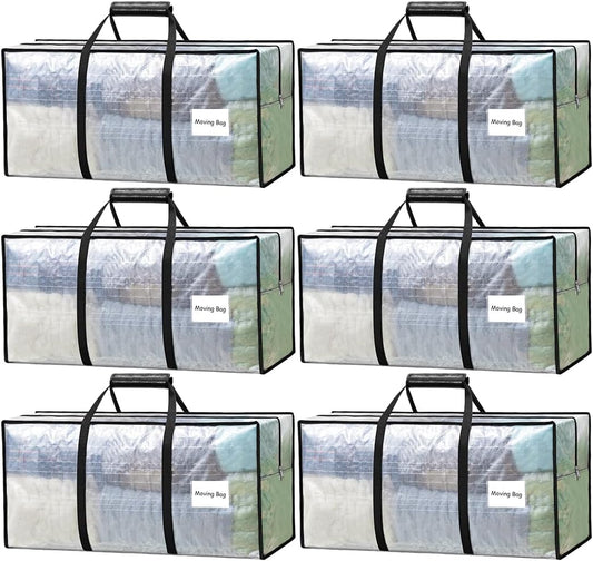 6 Pack Heavy Duty Moving Bags with Padded Wrap Around Handles-Strengthened Zipper Extra Large Storage Totes for Dorm College Clothes Clear