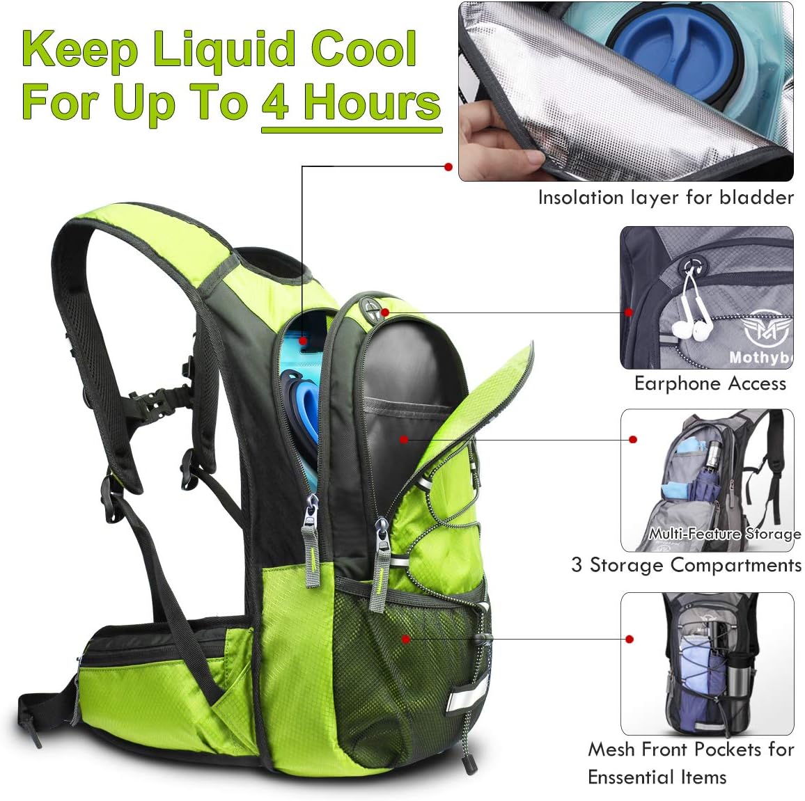 Insulated Hydration Backpack Pack with 3L BPA Free Leak Proof Water Bladder, Large Storage Lightweight Hiking Daypack with Waist Pouches & Cooler Layer, for Running, Biking, Camping, Festival