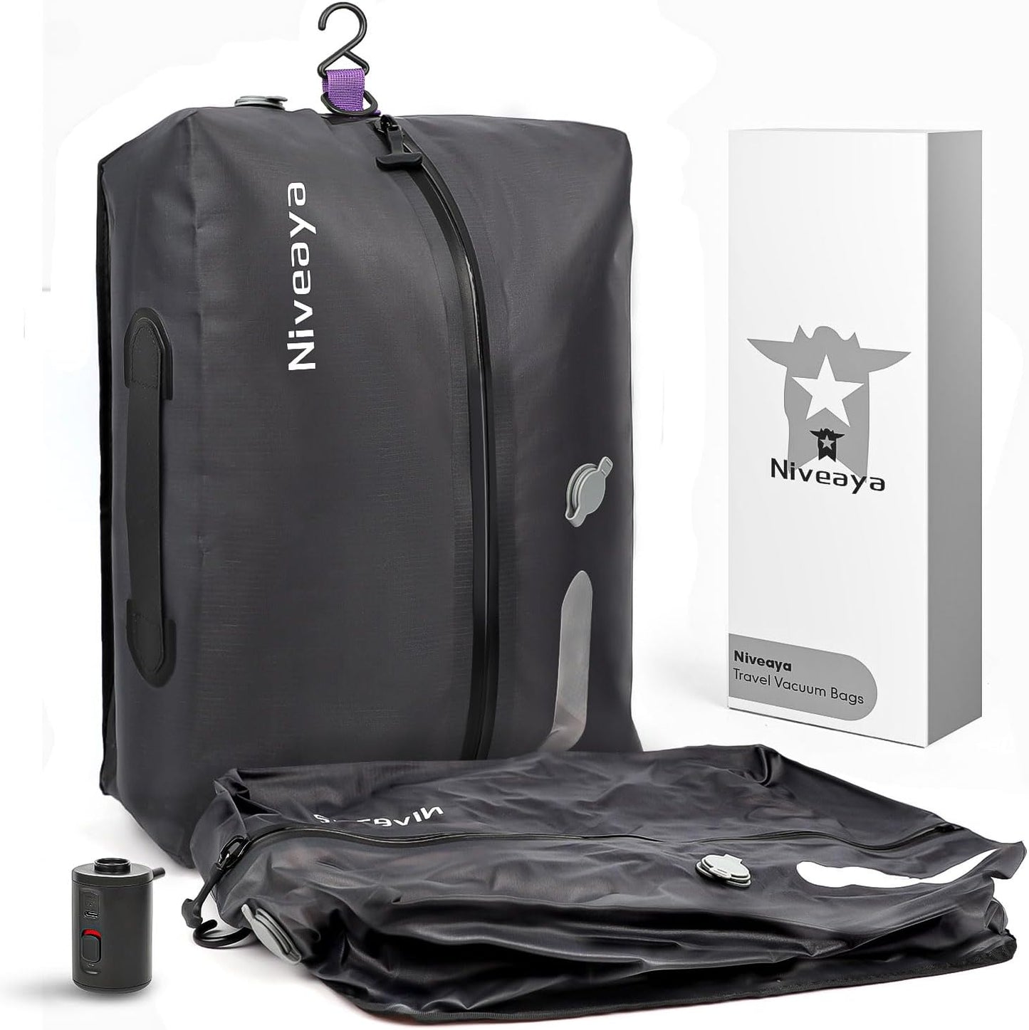 Niveaya Vacuum Bags for Travel with Wireless Pump, Reusable Compression Storage Bags for Suitcases & Closet, Space Saver, Waterproof & Durable