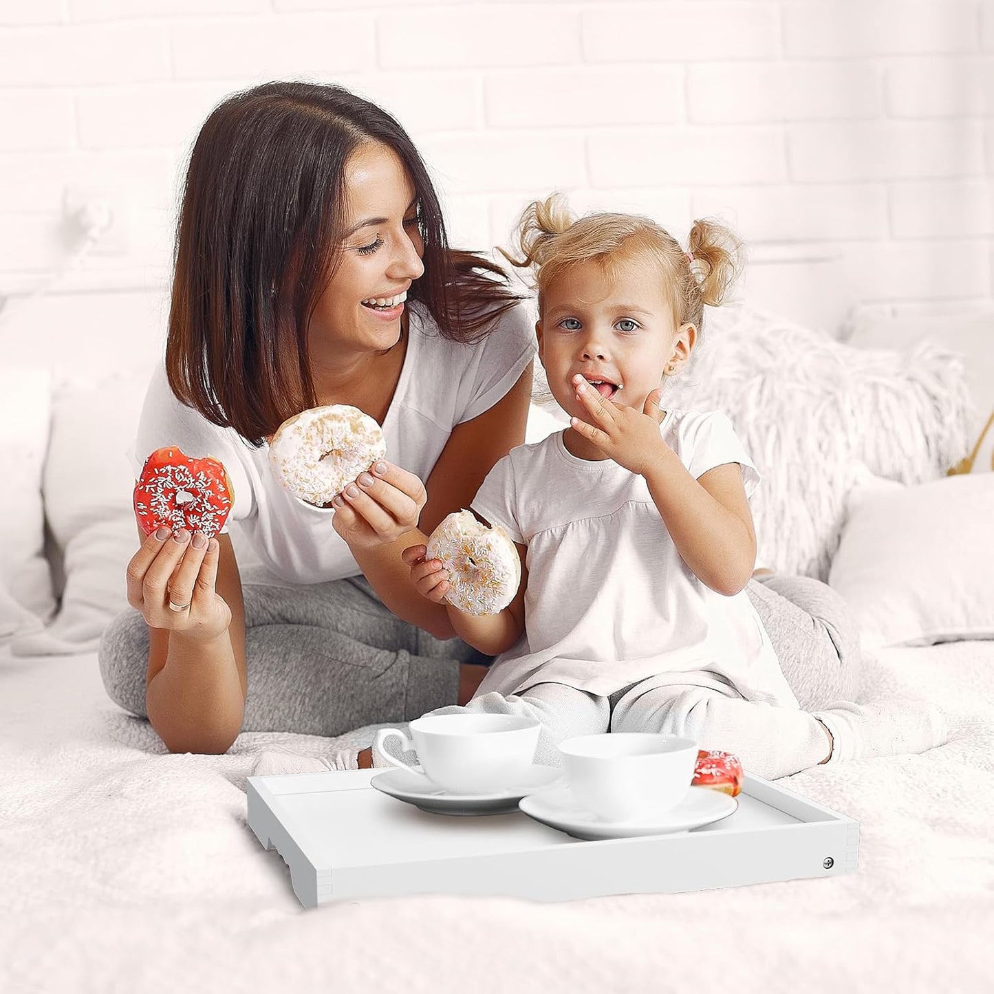 Bed Tray Table with Folding Legs,Bamboo Breakfast in Bed for TV Table,Tray,Eating,Snack Tray,Laptop Computer (White, Medium)