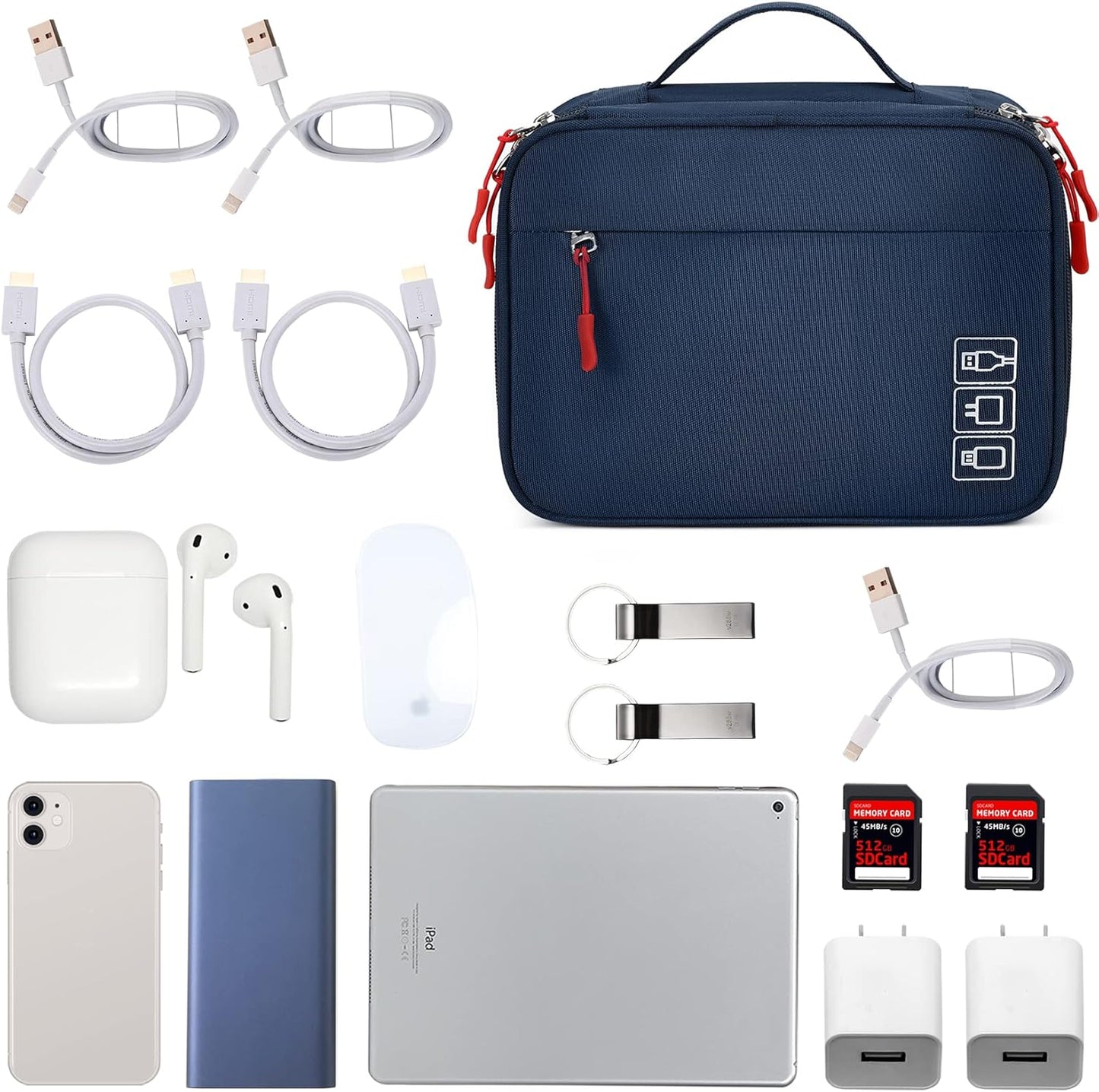 MIRLEWAIY Electronics Cable Organizer Bag, Water-resistant Tech Pouch, Portable Travel Cord Organizer, Electronics Accessories Carrying Case for Charger, Cable, Earphone, SD Cards, Blue