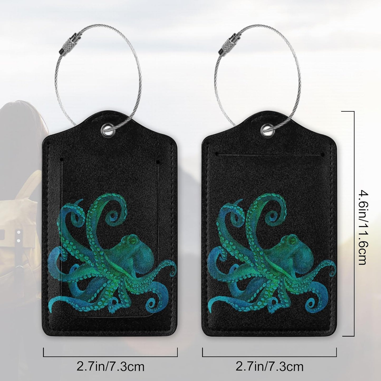 2 Pack PU Leahter Luggage Tag with Stainless Steel Loop,Green Octopus Luggage Tag Travel Suitcase Labels with Privacy Cover ID Label Quickly Spot for Bags & Baggage