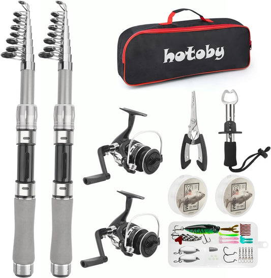 Fishing Pole Combo Set, 2PACK 6.89ft Fishing Rod and Reel Combo, Carbon Fiber Telescopic Fishing Rod Kit with Spinning Reel,Line, Lures, Fishing Pliers, Lip Gripper, Carrier Bag for Beginner Angler
