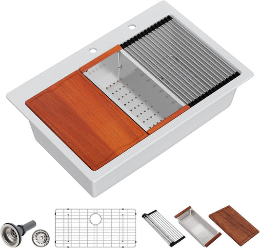 Dcolora White Granite Composite Kitchen Sink Drop In, 33x22 Large Single Bowl White Kitchen Sink Multifunctional Topmount Workstation Sinks #DC-0002GWT, 33" x 22" x 10"