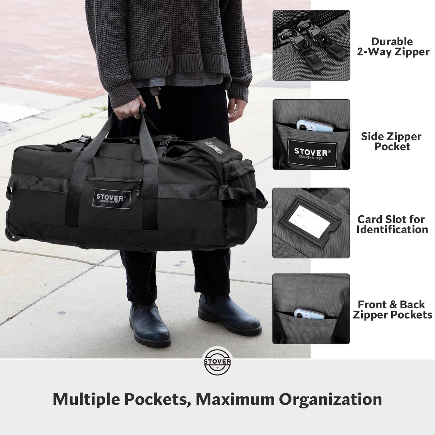 STOVER 80L Rolling Duffel Bag with Wheels, Large 31 Inch Durable Travel Duffle + Toiletry Bag, Heavy Duty, Packable, Foldable w/Shoulder Straps- Use as Luggage or Backpack, Men/Women (Black)