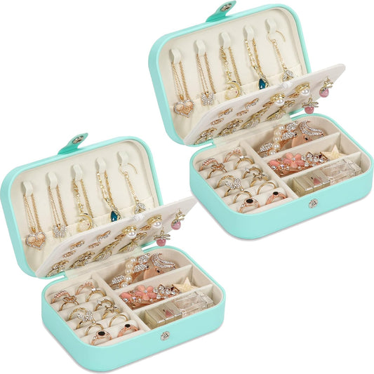Travel Jewelry Box, PU leather Small Jewelry Organizer For Female Girls, double layer portable mini travel case for storing earrings, rings, necklaces.(green 2pcs)