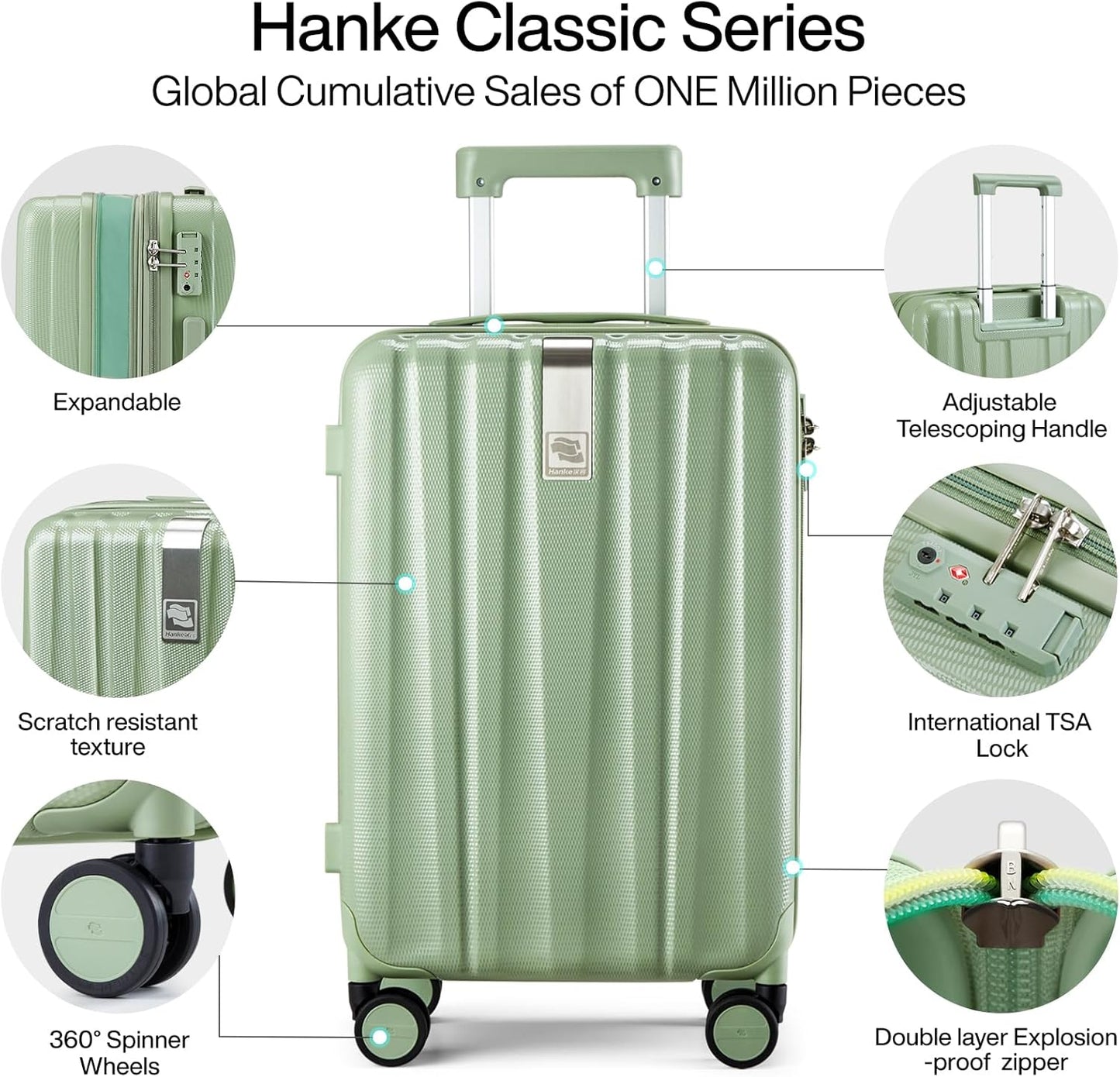Hanke Expandable Hardshell Luggage Sets 3 piece Carry on Luggage with Wheels Suitcases Lightweight Checked Travel Luggage Rolling Large Suitcase Travel Luggage Bag Woman Men 20/24/29Inch(Bamboo Green)
