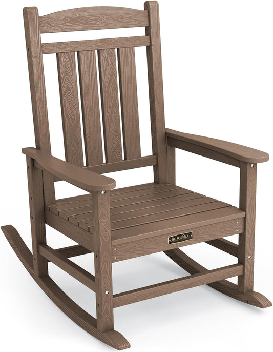 SERWALL Outdoor Rocking Chair, HDPE Patio Rocking Chair All-Weather Porch Rocker for Balcony, Yard, Brown