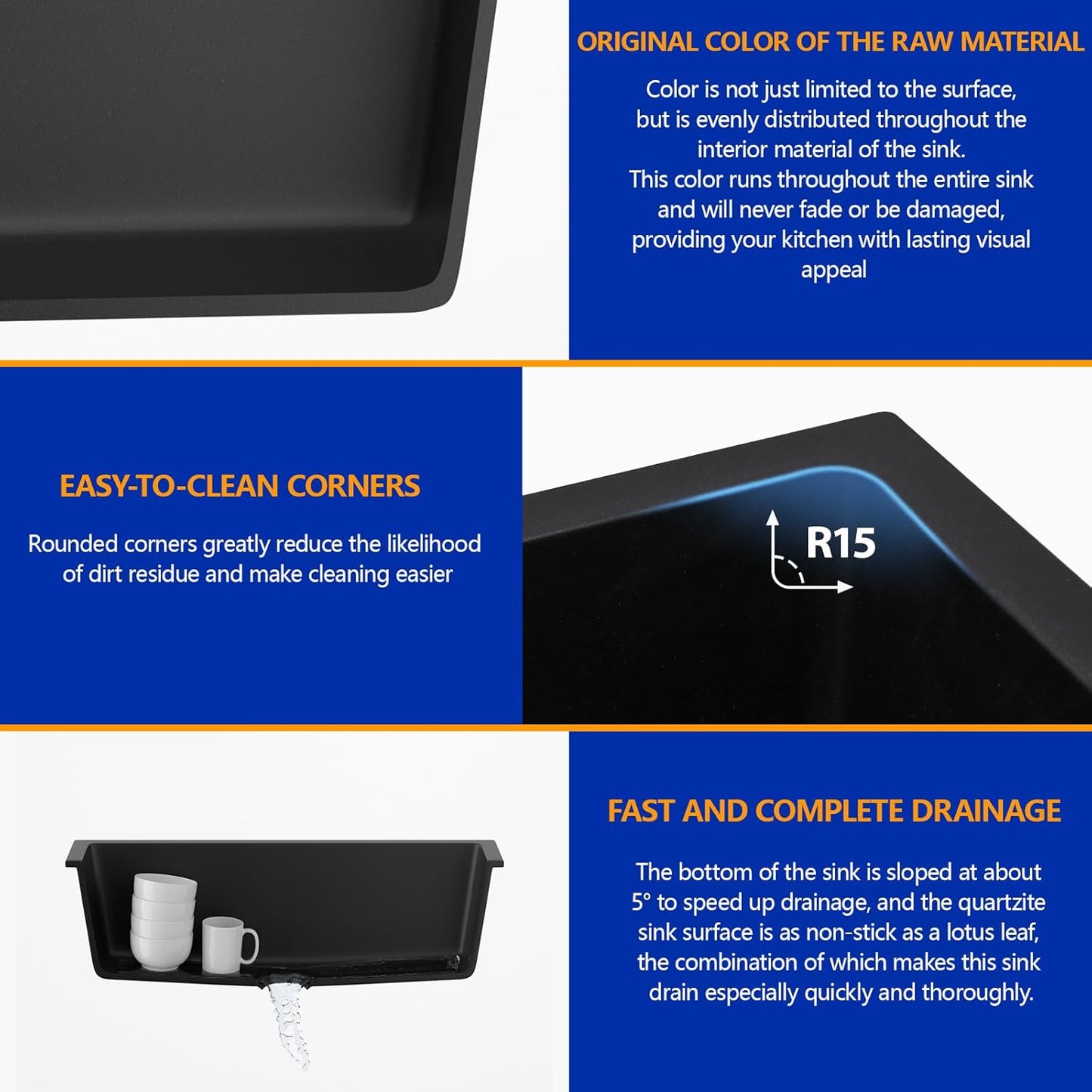 Dcolora 33 Inch Granite Composite Kitchen Sink, Black Undermount Kitchen Sinks Deep Single Bowl, 33"x19", Round Corner, DC-GU7749