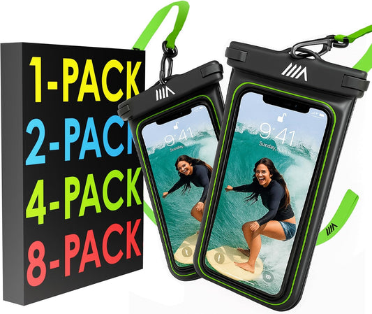【2025 Upgraded】 2 Pack Black - IP68 Waterproof Phone Pouch Floating Design No Sink Waterproof Phone Case - Beach Pool Travel Essentials - Works w/All Phones - Detachable Lanyard - Black/Hi-Vis Green