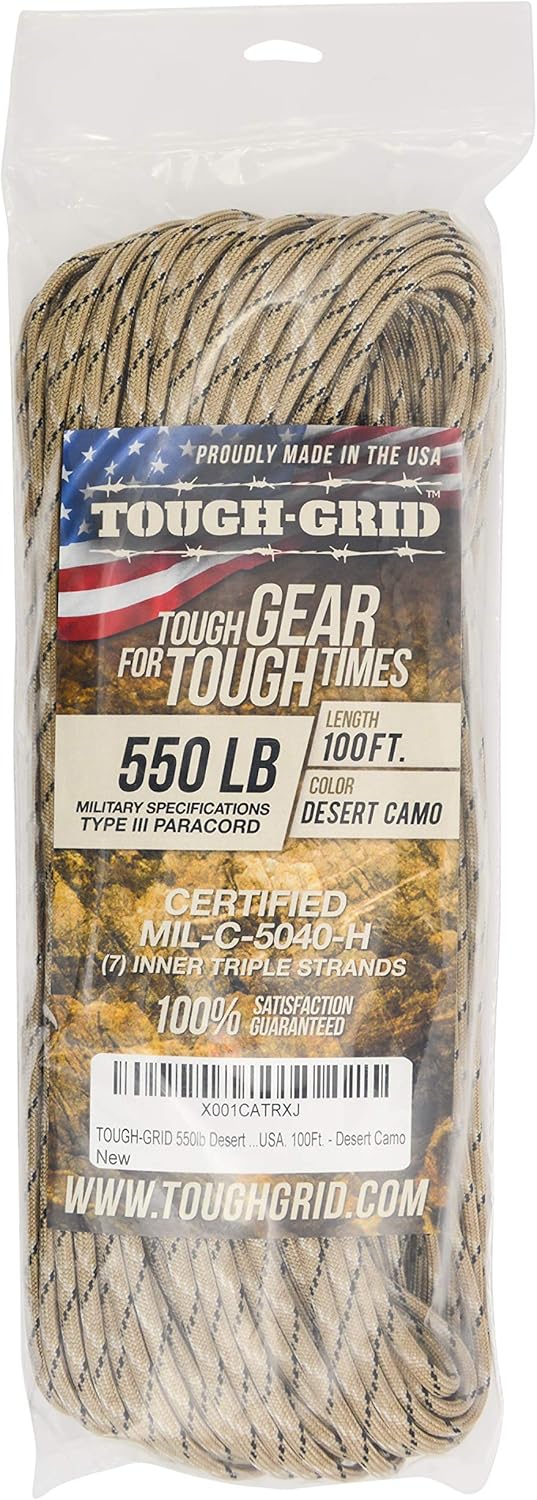 TOUGH-GRID 550 Paracord Rope Nylon Parachute Cord, Made in USA Survival Kit, Outdoor Adventures, Camping, Tactical Gear & Emergency Supplies, Military Type III Mil-Spec