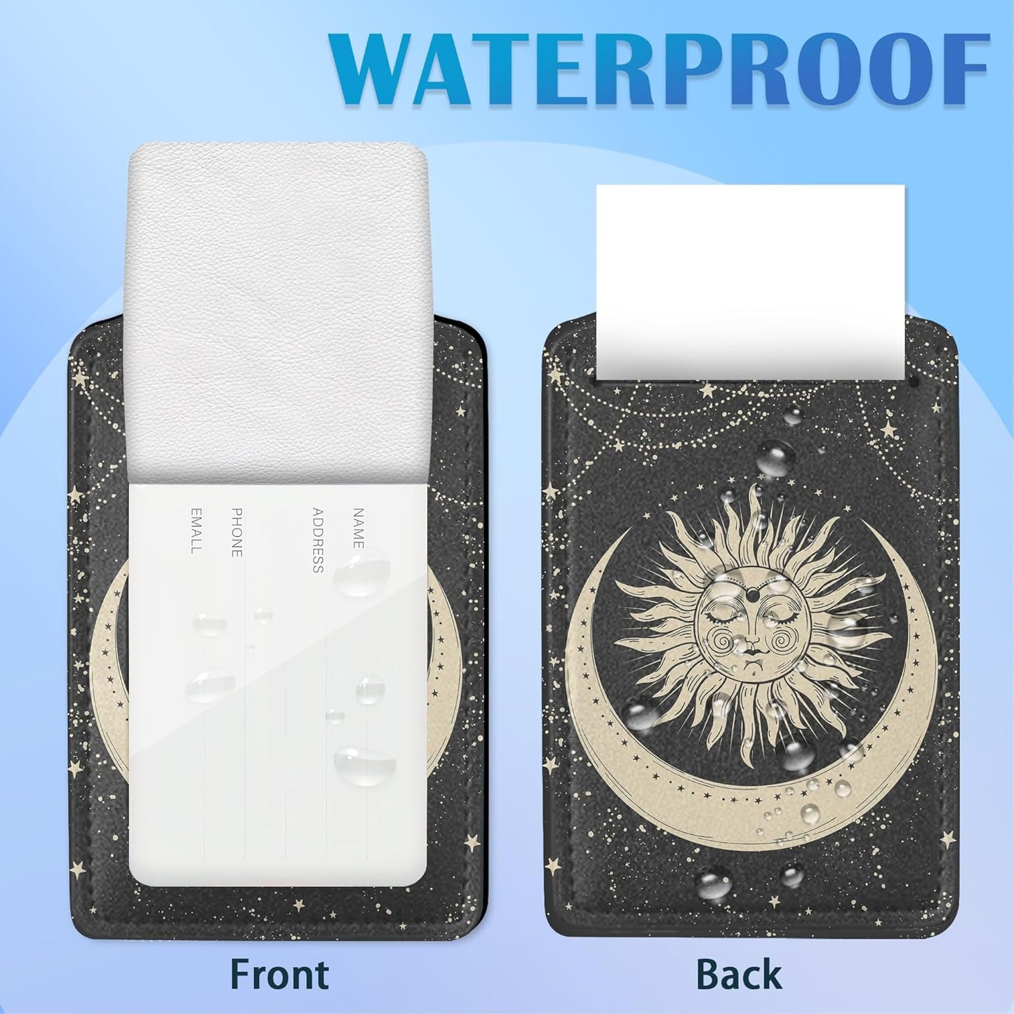 Boho Crescent Moon and Sun with Face Luggage Tags for Suitcases, 2 Pack Cute PU Leather Suitcase Tag Identifiers with Address Card for Baggage Tag