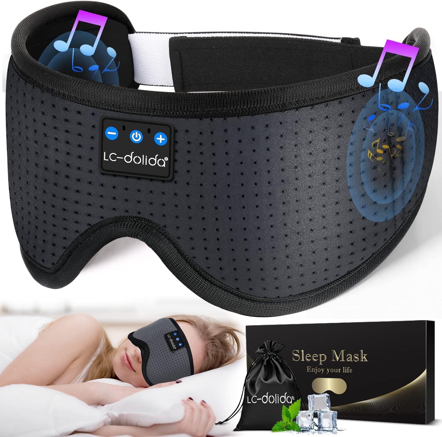 LC-dolida Sleep Headphones, Sleep Mask Bluetooth Wireless Music Eye Mask, Sleeping Headphones for Side Sleepers Sleep Mask with Bluetooth Headphones Ultra-Thin Stereo Speakers Perfect for Sleeping