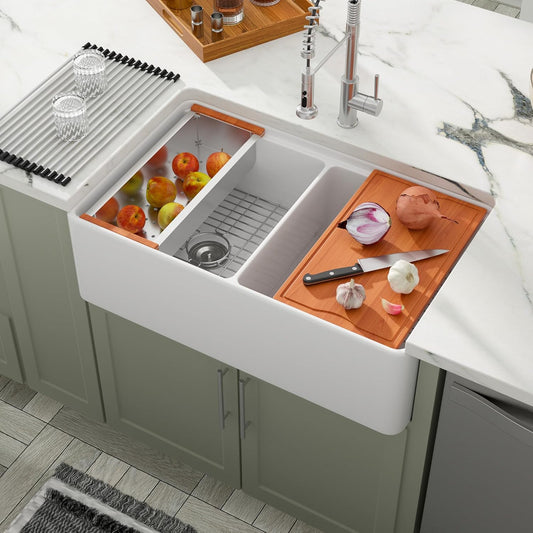 Dcolora 33 Inch White Farmhouse Sink Double Bowl 50/50 Workstation Country Farm Barn Kitchen Sink Flat Apron Front White Fireclay Ceramic Porcelain Sinks, 33x20x10, DC-A7767