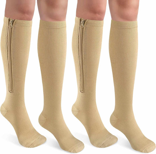 CASMON 2 Pairs Zipper Compression Socks for Women & Men, 15-20 mmHg Closed Toe Knee High Support Sock with Zipper for Varicose Vein Edema