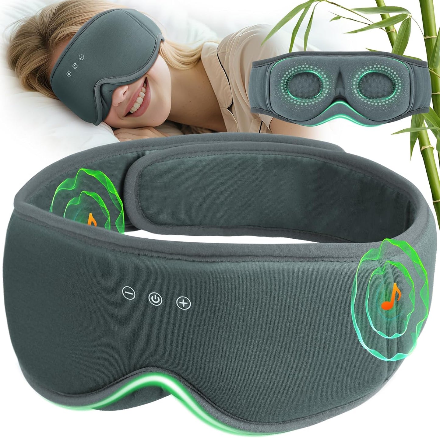 3D Bamboo Cotton Sleep Mask with Bluetooth 5.4 Headphone, Music Wireless Bluetooth Blackout Eye Mask for Side Sleepers, Earphones HD Speaker Microphone for Travel, Gifts for Women Men, Grey