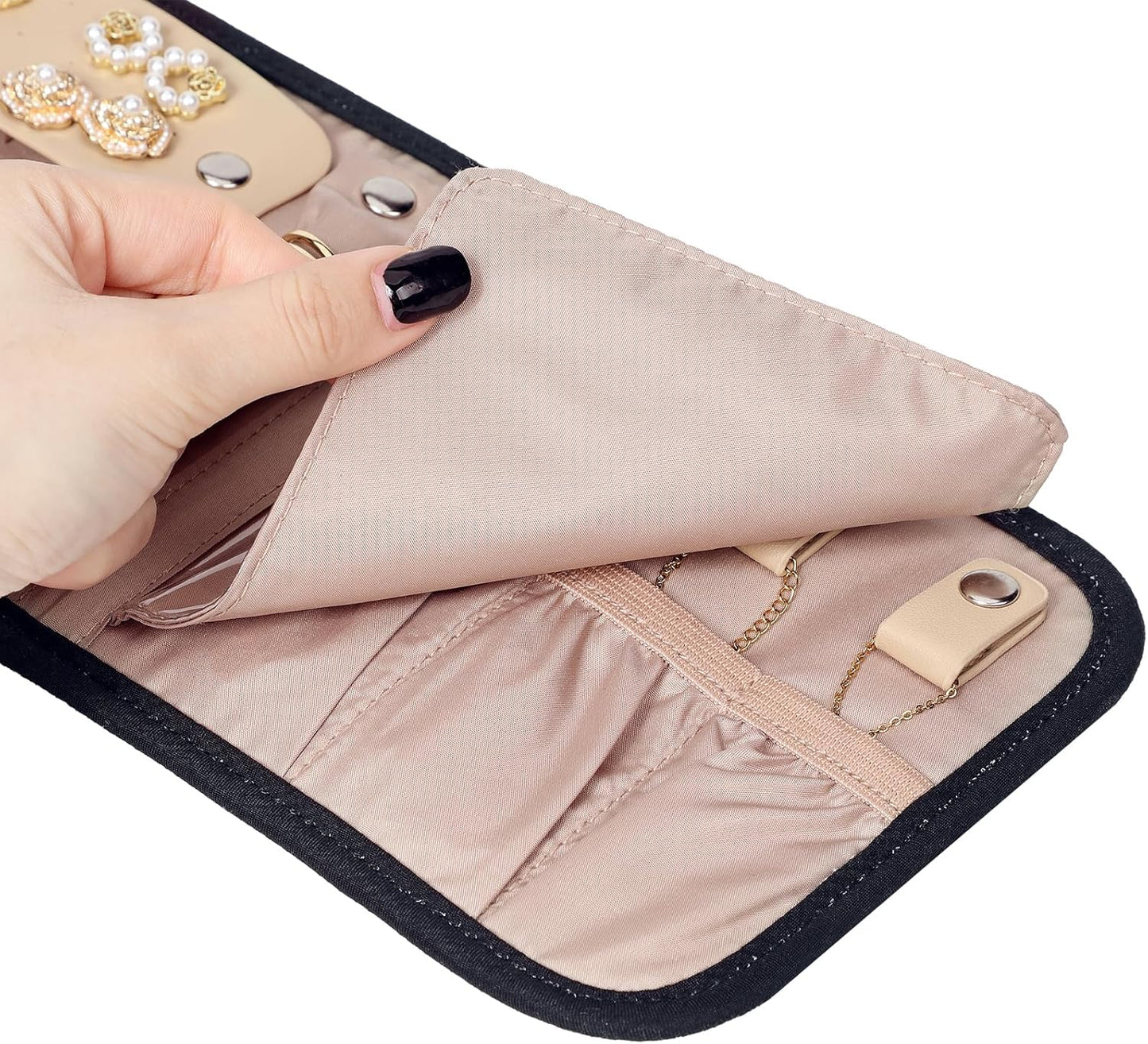 BELALIFE Travel Jewelry Case Organizer, Small Foldable Storage Roll for Earrings, Necklaces, Rings, Bracelets, Brooches, Black
