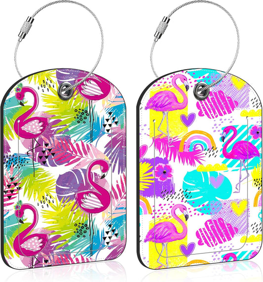2 PCS Leather Luggage Tag for Suitcase Tropical Leaf and Flamingo Travel Suitcase Labels with Privacy Name ID Label and Stainless Steel Loop for Adults Teens Travel Bag Labels Set