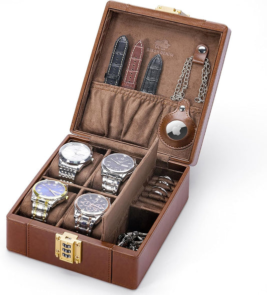 BISON DENIM Watch Box, 4 Watch Travel Case with Combination Lock - PU Leather Men's Watch Storage Box & Jewelry Organizer with Ring Slots & Necklace Hooks, Secure Travel Case, Brown