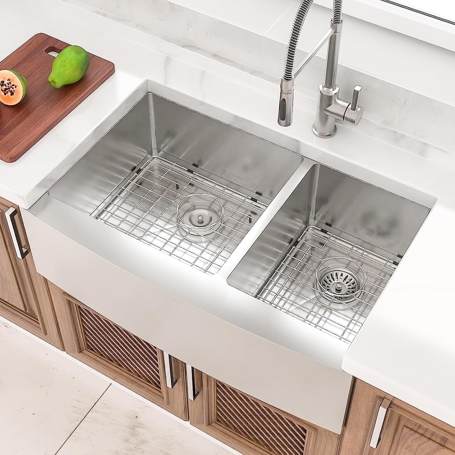 Lordear 36 Inch Double Bowl Farmhouse Kitchen Sink 36"x20-3/4"x10" Double Basin Undermount Farmhouse Kitchen Sinks 60/40 Apron Front 16 Gauge Farm Sinks