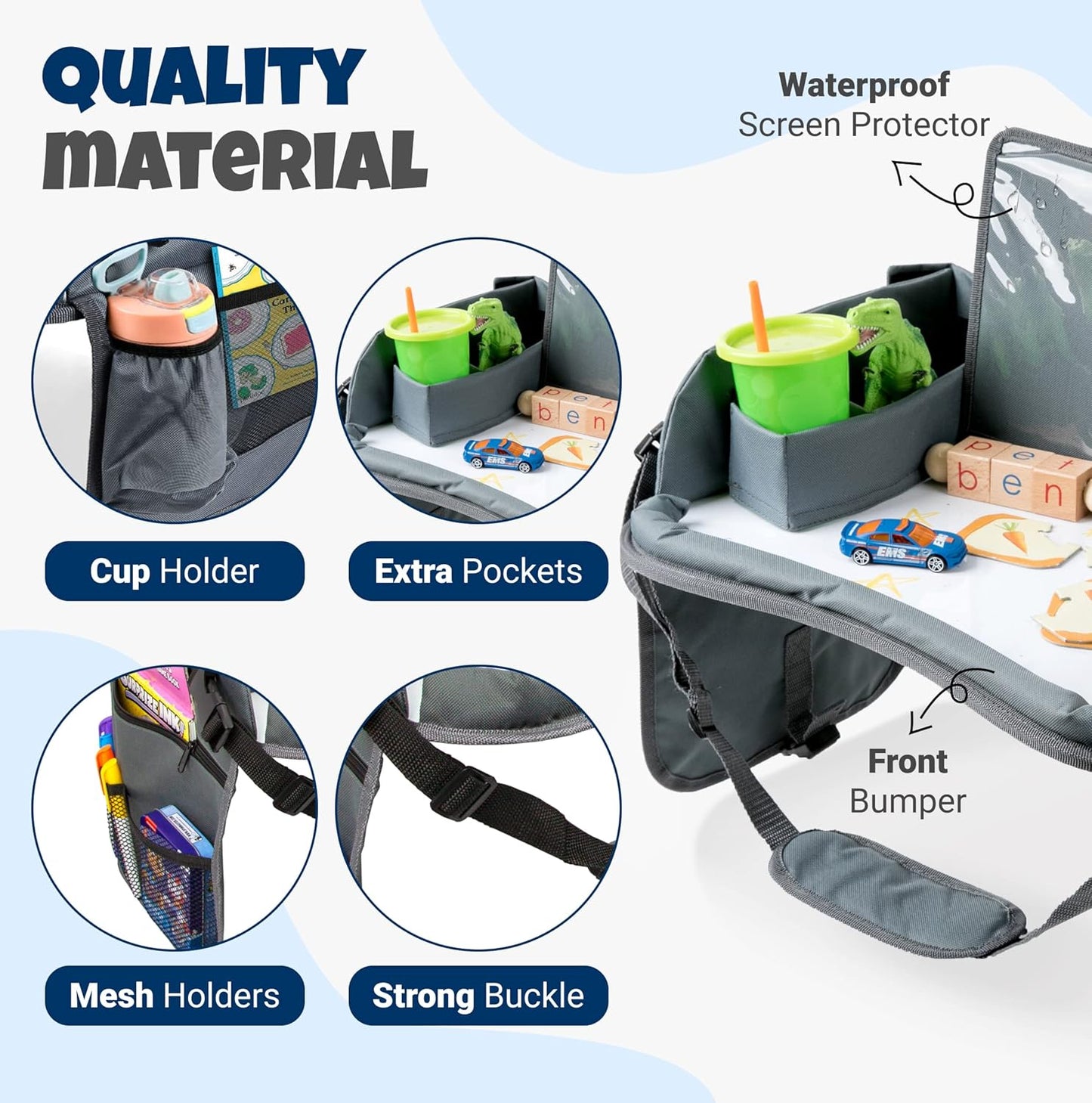Kids Travel Tray with Dry Erase Board, Travel Tray for Kids Car Seat, Carseat Table Trays for Toddler, Kid Activity Desk for Air Travel, No-Drop Tablet Holder & Borders (All Grey)