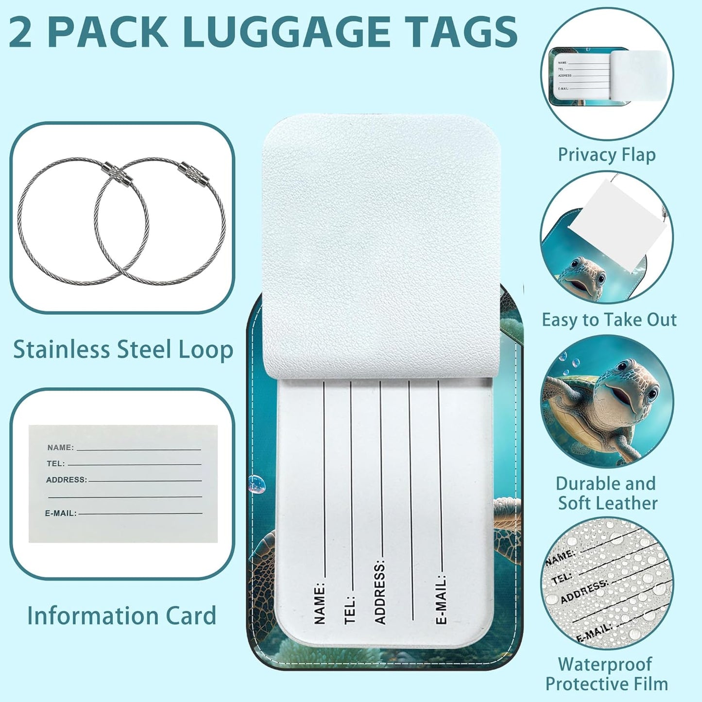 Hawaiian Sea Turtle Luggage Tag for Suitcase Set of 2 PU Leather Cute Luggage Tags with Stainless Metal Loop ID Label Privacy Flap Suitcase Tags for Women and Men Travel