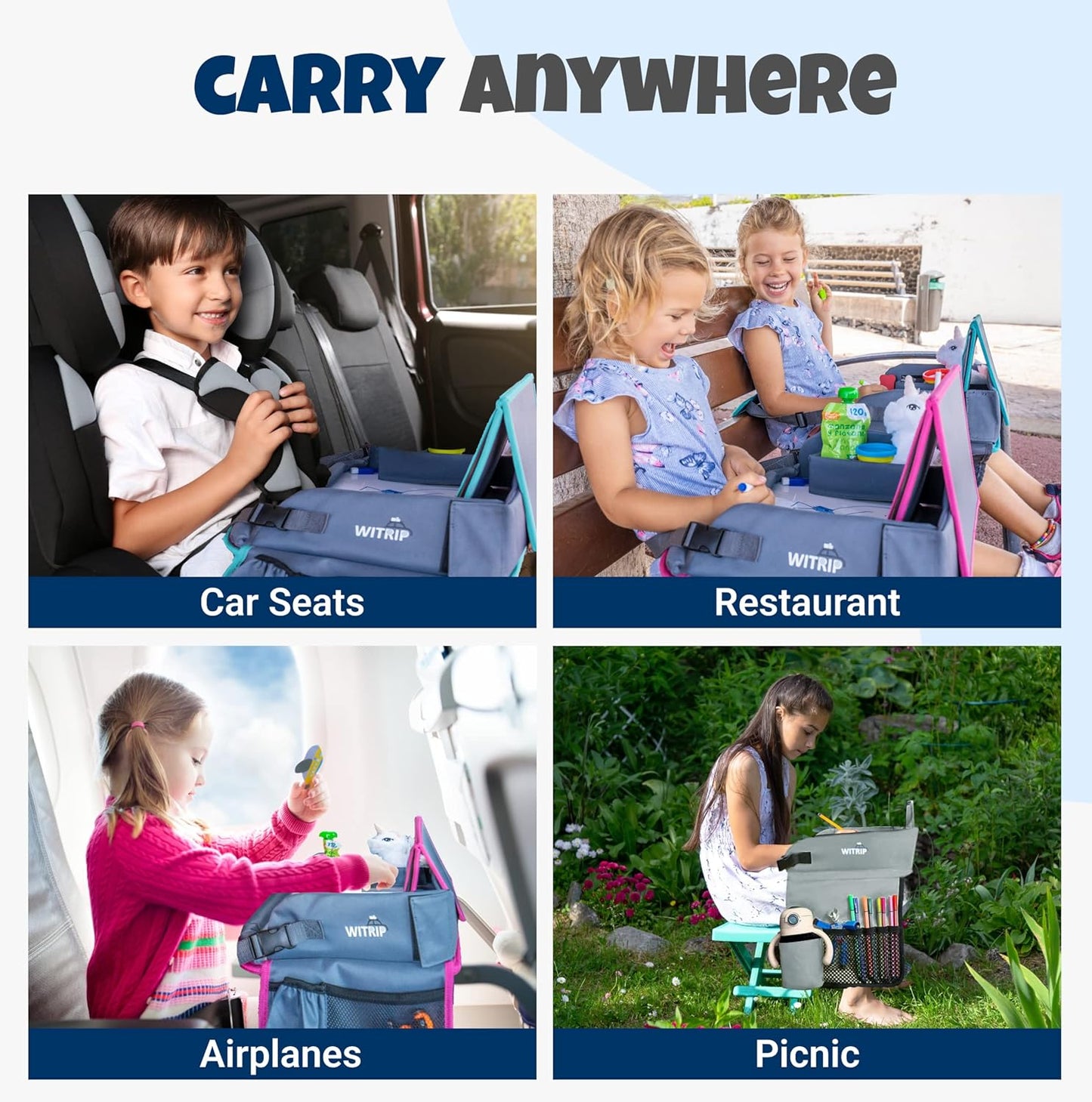Kids Travel Tray with Dry Erase Board, Travel Tray for Kids Car Seat, Carseat Table Trays for Toddler, Kid Activity Desk for Air Travel, No-Drop Tablet Holder & Borders (All Grey)