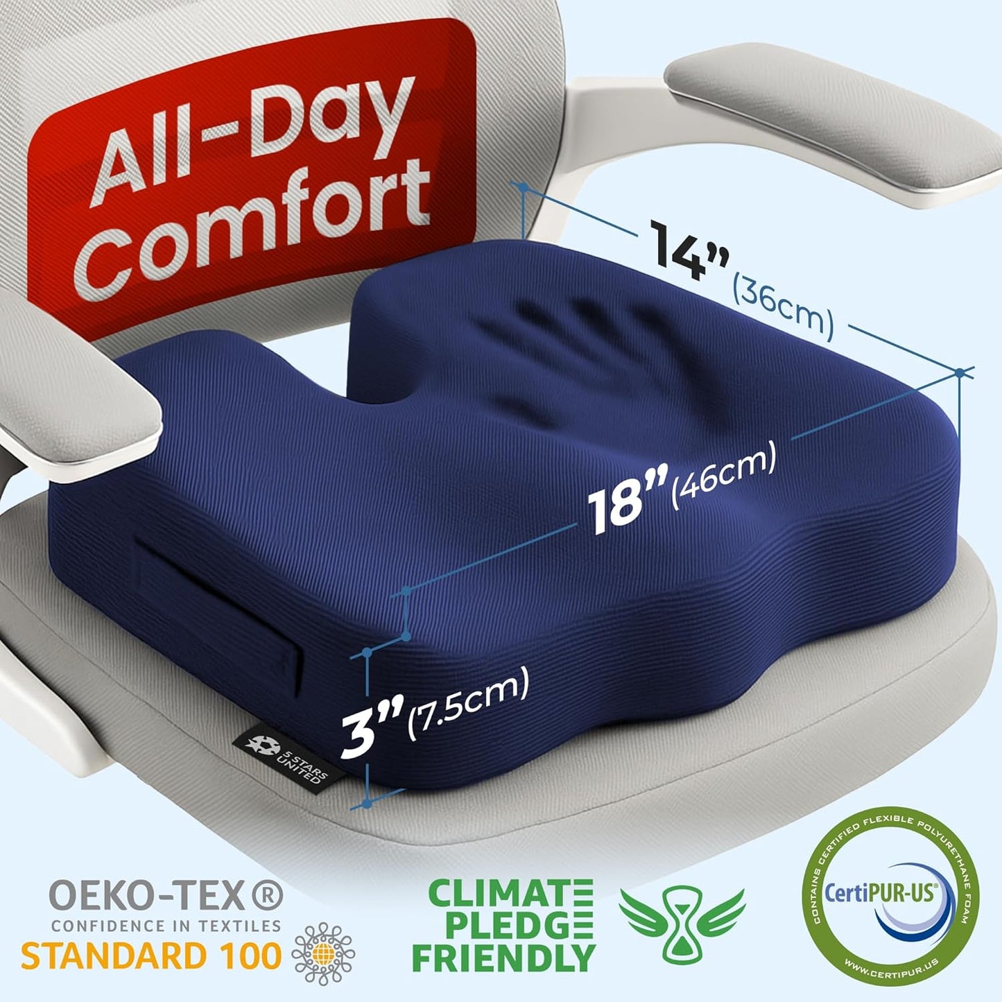 5 STARS UNITED Seat Cushion for Tailbone Pain Relief – Memory Foam Cushion for Coccyx, Hip, Hemorrhoid, Sciatica & Post-Surgery Recovery – Wheelchair, Car, Desk, Gaming & Office Chairs, D Blue