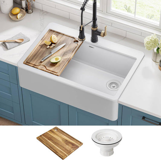 KRAUS Bellucci 33” Workstation Drop In Retrofit Farmhouse Single Bowl Granite Kitchen Sink in White with Accessories