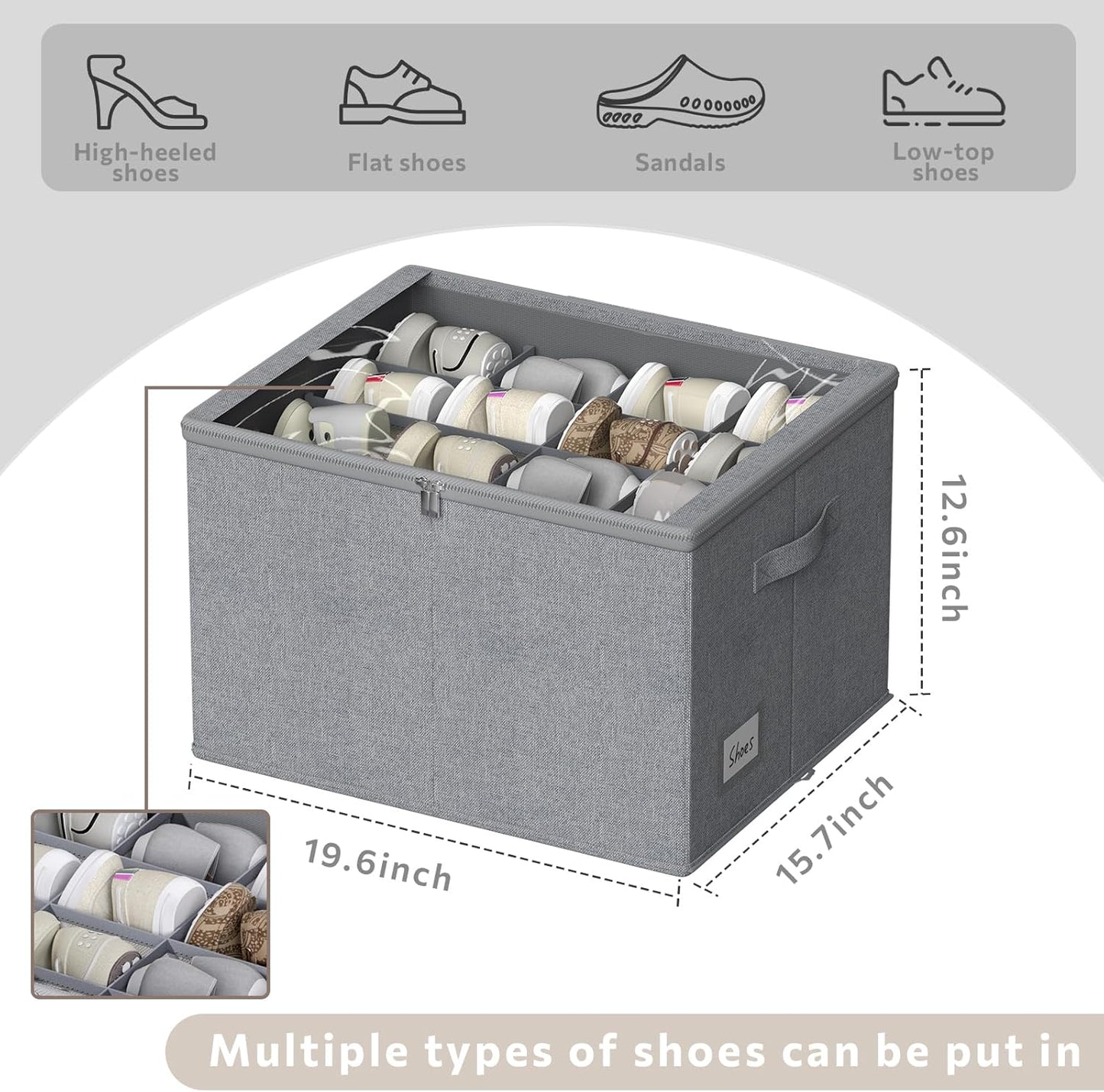 Shoe Organizer for Closet, 2 Pack Sturdy Shoe Storage Bins with Clear Cover, Fits 16-32 Pairs, Foldable Shoe Storage Box with Reinforced Handles (Grey, 19.7 * 15.7 * 12.6in)
