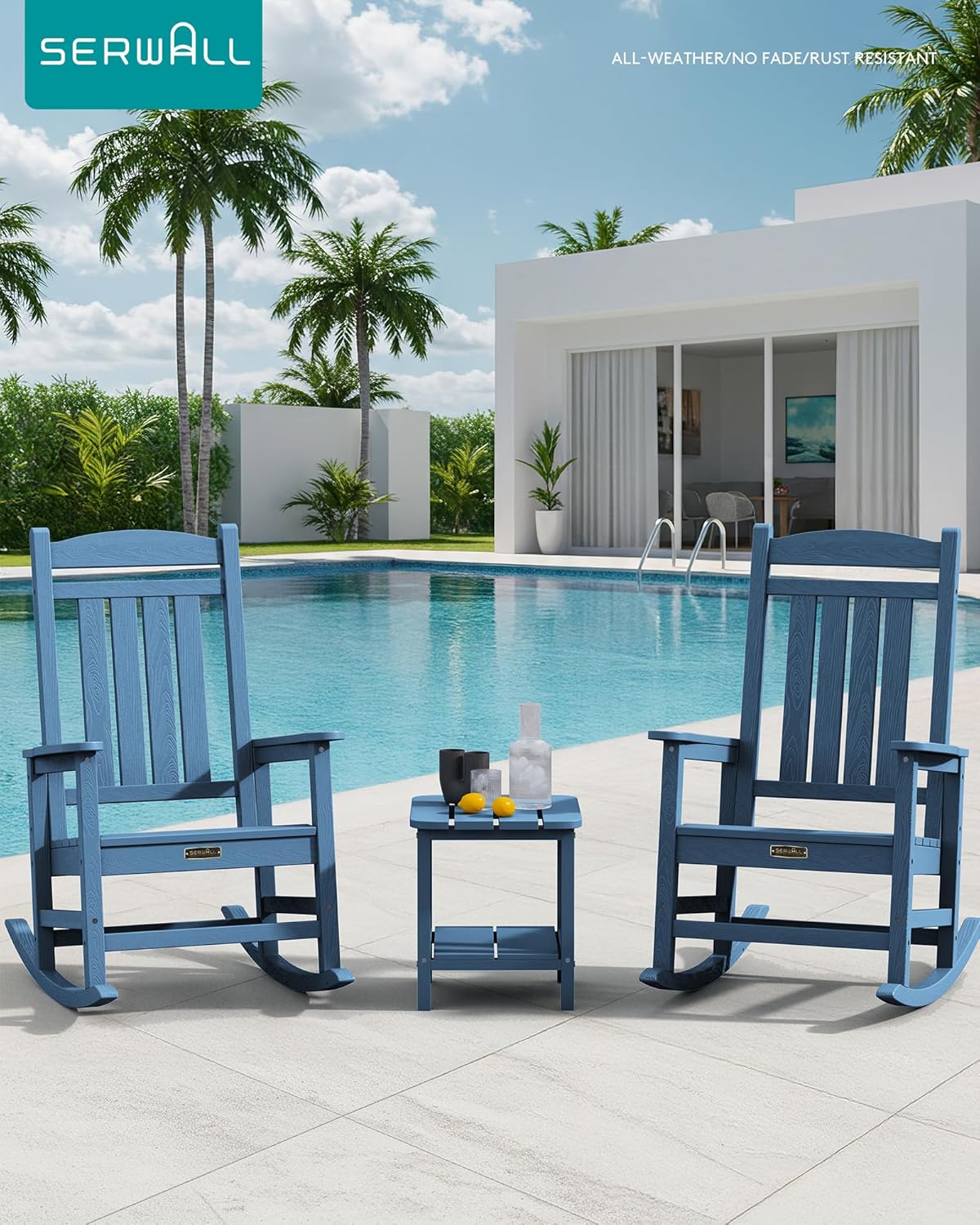 SERWALL Outdoor Rocking Chair, HDPE Patio Rocking Chair All-Weather Porch Rocker for Balcony, Yard, Blue