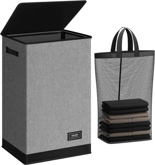 SOLEDI Laundry Hamper with Lid 90L Large & Tall Collapsible Laundry Basket, Clothes Hamper with Bag Removable Easy to Carry, Dirty Hampers for Bedroom, Bathroom, Dorm, College, Grey