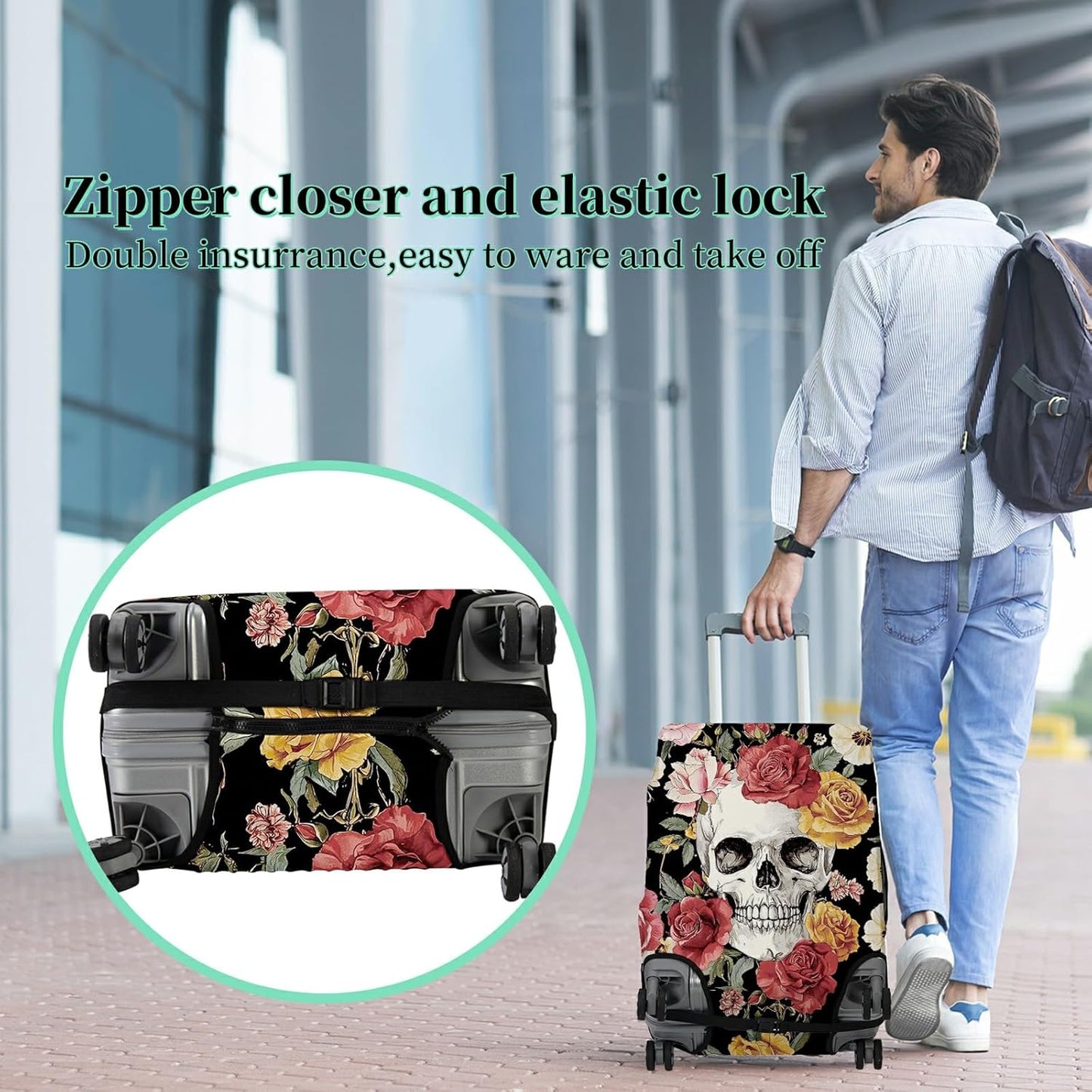 Luggage Cover Plus - Sugar Rose Skull Travel Suitcase Cover for 22-24 inch Luggage (M) with Concealed Zipper, Washable Elastic Cloth, Dustproof, Anti-Scratch