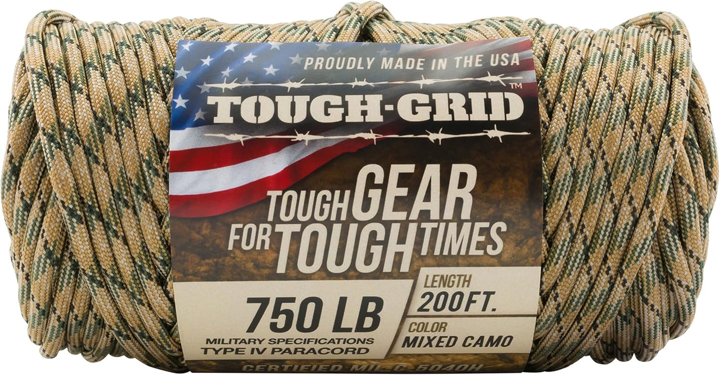 TOUGH-GRID 750 Paracord Rope Nylon Parachute Cord, Made in USA Survival Kit, Outdoor Adventures, Camping, Tactical Gear & Emergency Supplies, Military Type IV Mil-Spec