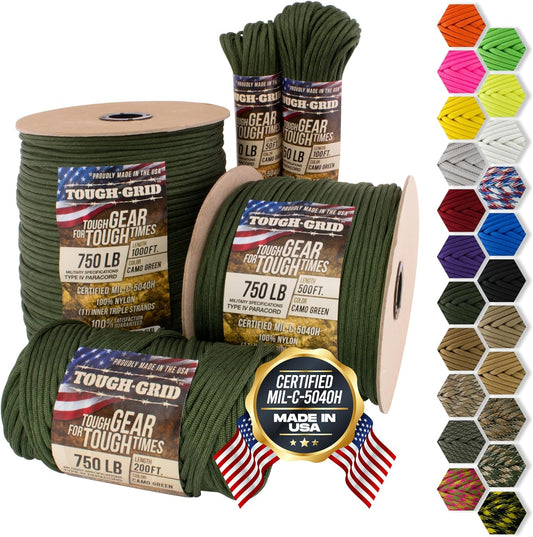 TOUGH-GRID 750 Paracord Rope Nylon Parachute Cord, Made in USA Survival Kit, Outdoor Adventures, Camping, Tactical Gear & Emergency Supplies, Military Type IV Mil-Spec